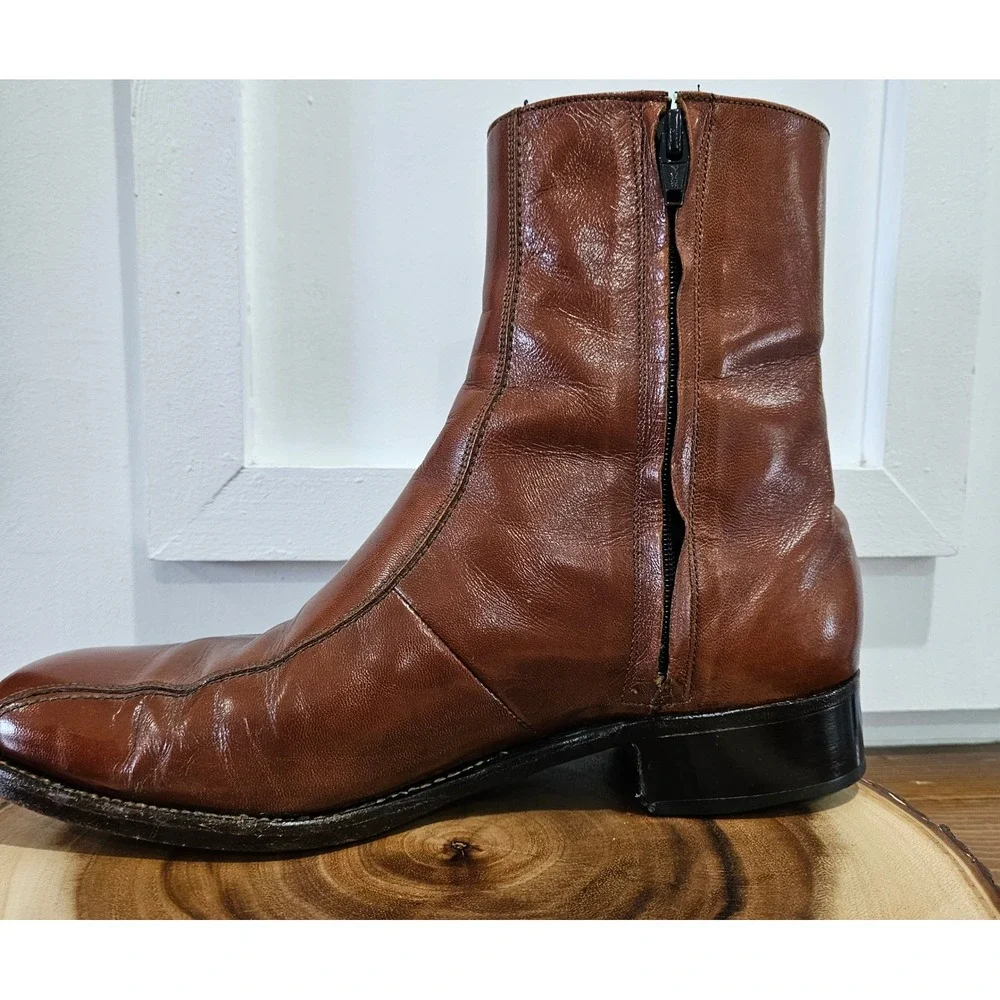 VTG 70S Disco Beatle Boots Florsheim Imperial Cognac Leather Side Zip Boots 8.5E